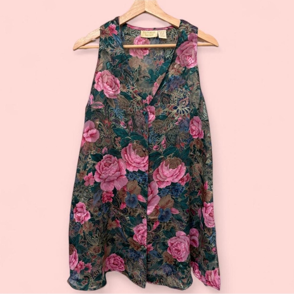 Victoria’s Secret Gold Label PJs Gown Green Pink Peony Flower Nightie Med/Large